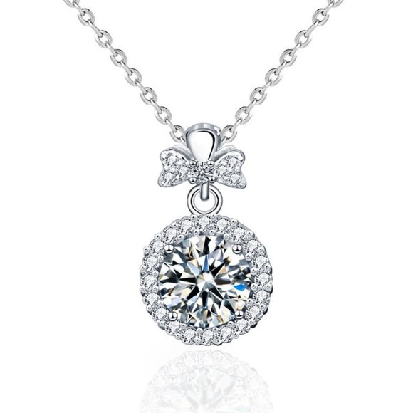 Certified 1ct. t.w. Moissanite Diamond Round Halo Bow Knot Pendant Necklace NEW - Picture 4 of 12